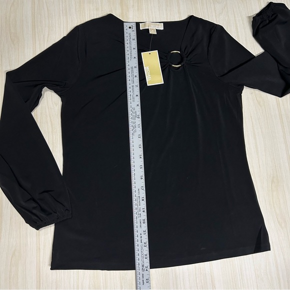 Michael Kors Black Stretch Top Logo Ring At Neckline Long Sleeve NWT Size M - Picture 8 of 12
